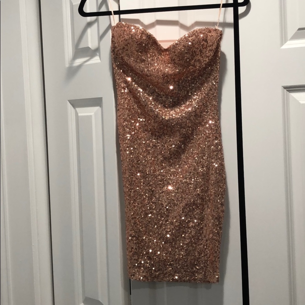 Tobi strapless champagne sequin dress